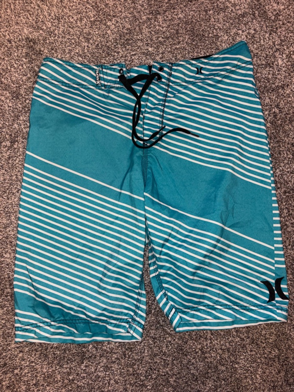 Hurley Teal and White Striped Men’s Board Shorts